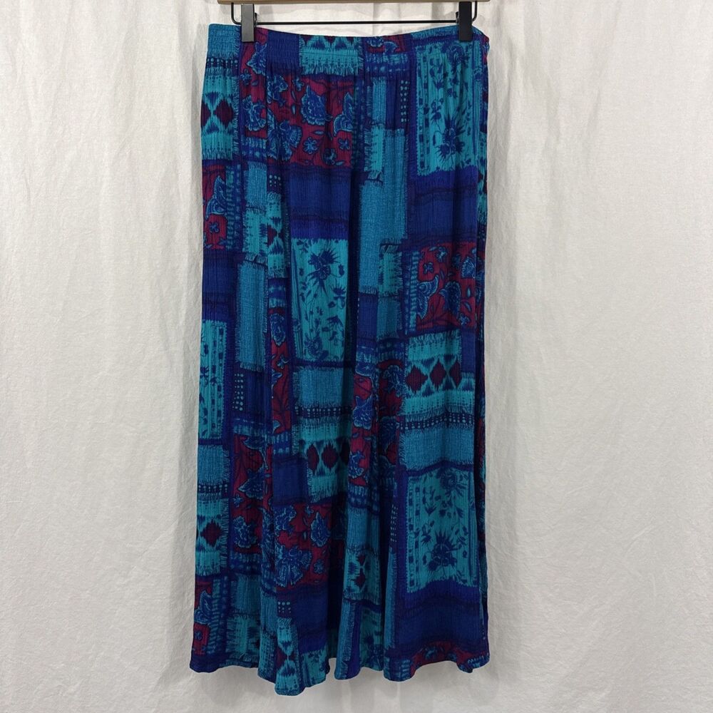 CM Shapes Blue Purple Artsy Boho Colorful Elastic Waist Maxi Skirt Sz 2X Retro